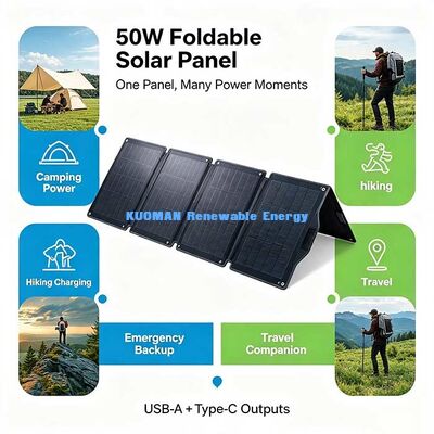 Chargeur solaire portable pliable de 50 W, DC 5521 Panneau solaire USB-C pour véhicules de tourisme et camionnettes