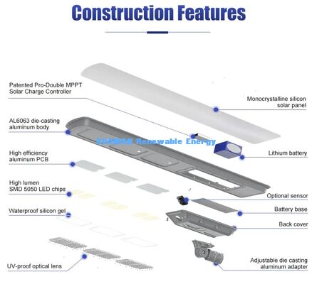 30W LiFePO4 batterie lumière de rue solaire tout en une conception étanche à l'eau extérieure lampe de route solaire LED