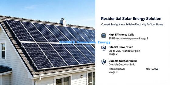 Panneau solaire bifacial renforcé en verre de 2,0 mm, 480-500 W, pour les zones à fortes chutes de neige