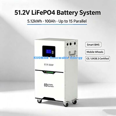 Batterie LiFePO4 51.2V 100Ah Système de stockage d'énergie solaire domestique 5.12kWh, 6000 cycles
