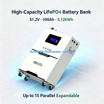 Batterie LiFePO4 51.2V 100Ah Système de stockage d'énergie solaire domestique 5.12kWh, 6000 cycles